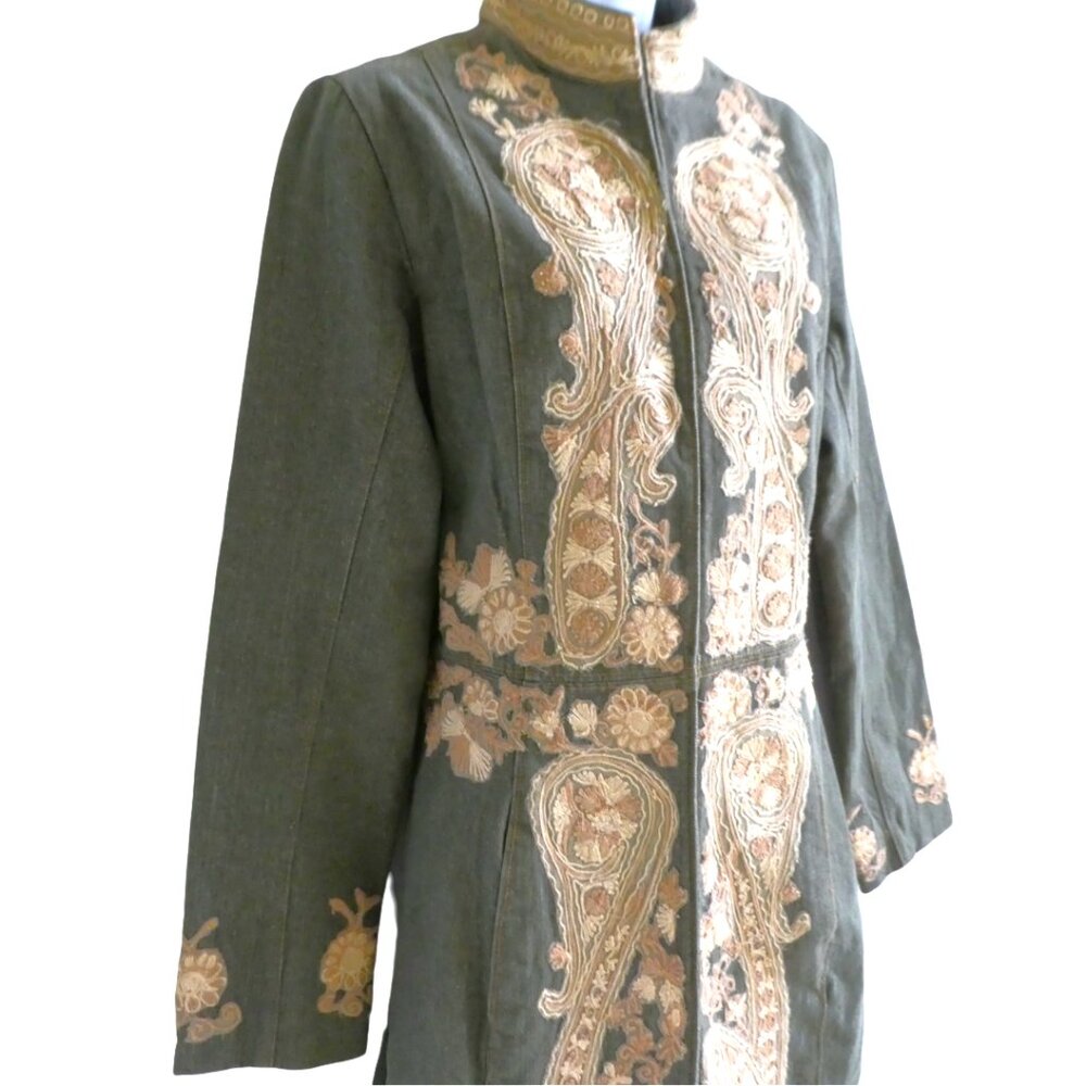 Vintage 90s Designer Flower Embossed Denim Trench Coat 3D Paisley Satin Lined 10 - Picture 3 of 14